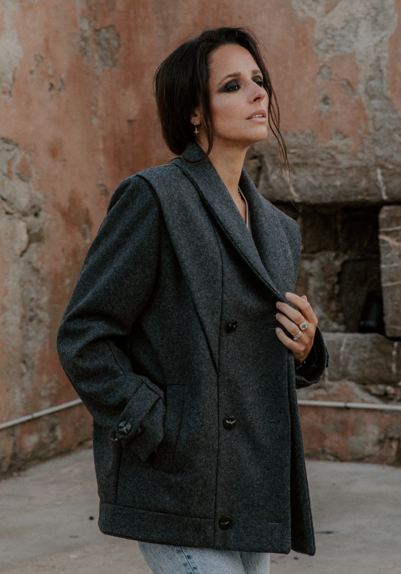 Heather anthracite grey woolen coat fabric