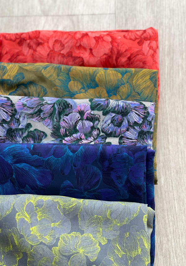 Tissu popeline de viscose imprimée Panache - Bleu, Rouge, Cumin, Gris Sulfure ou Mauve