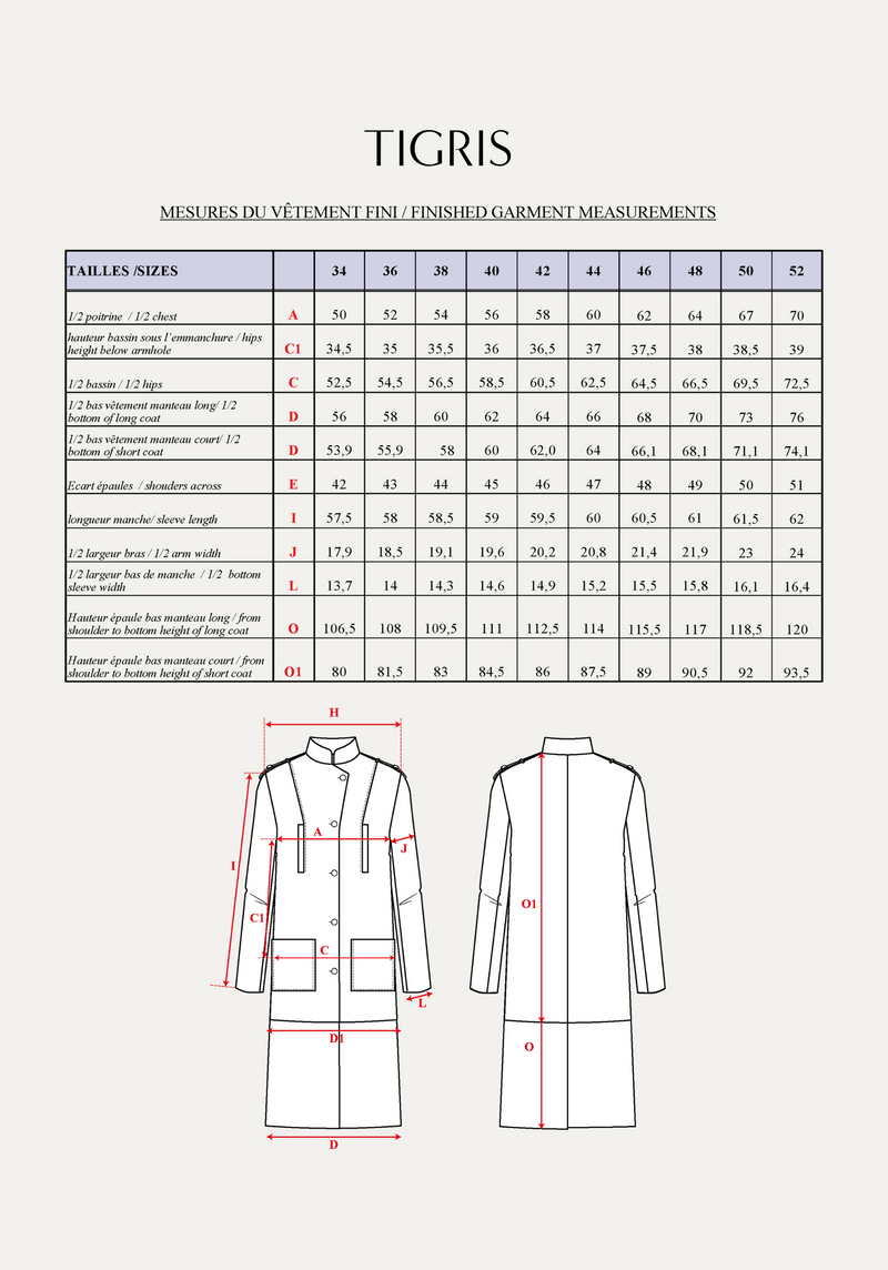 Patron couture manteau Tigris / PDF (A4, A3, A0, US Letter) - Cadres, Calques par Taille, Vidéoprojection