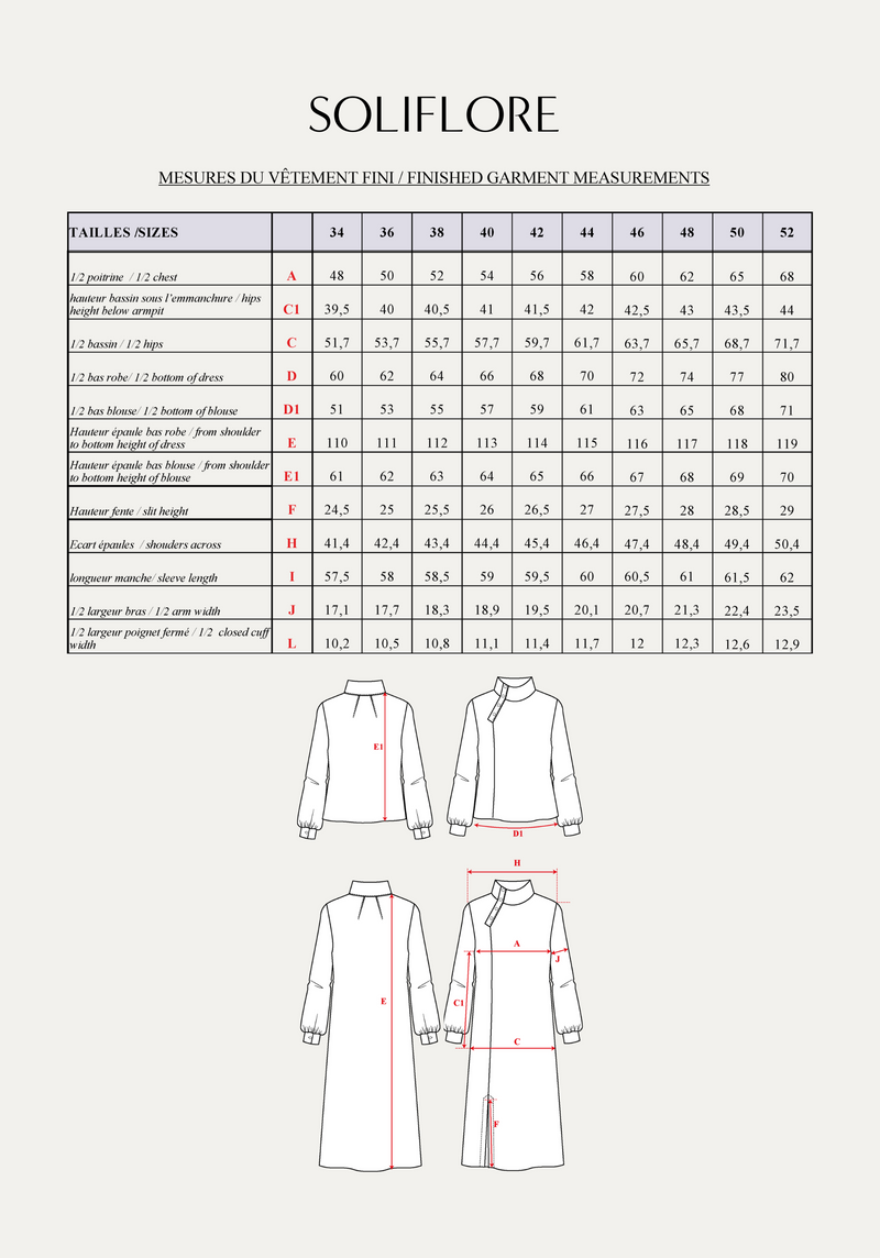 Patron couture robe, blouse Soliflore / PDF (A4, A3, A0, US Letter) - Cadres, Calques par Taille, Vidéoprojection