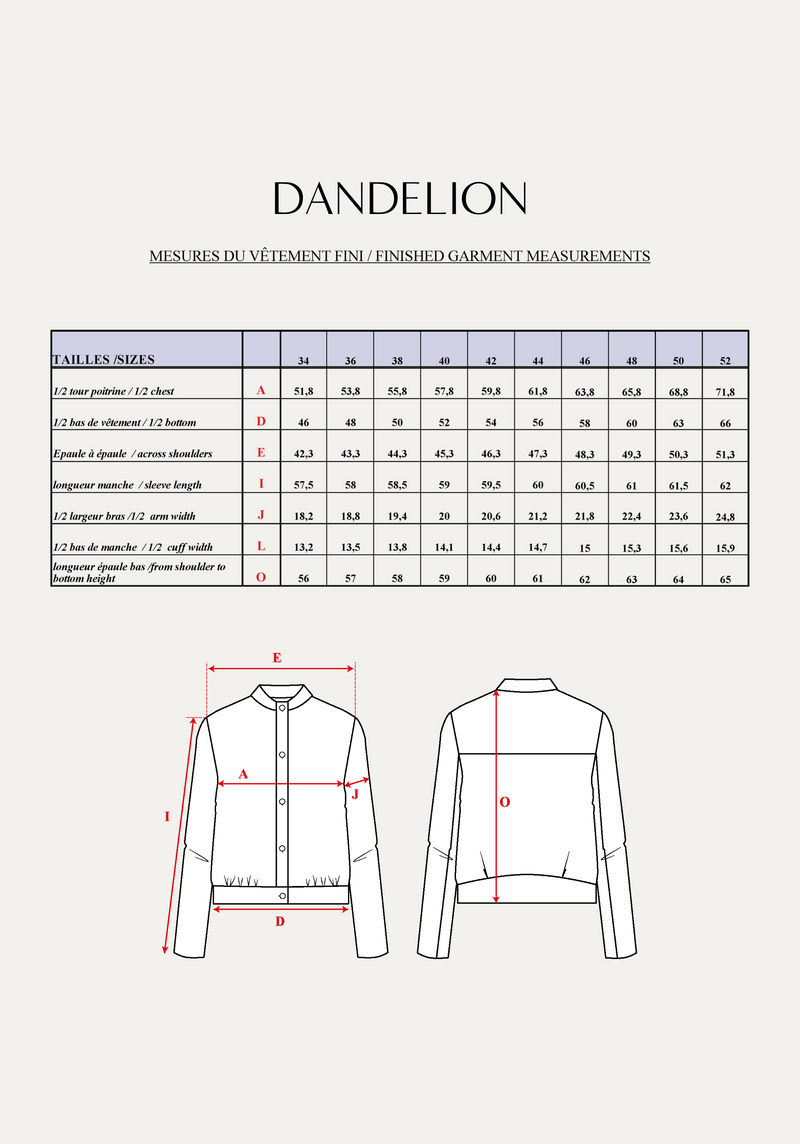 Patron couture blouson Dandelion / PDF (A4, A3, A0, US Letter) - Cadres, Calques par Taille, Vidéoprojection