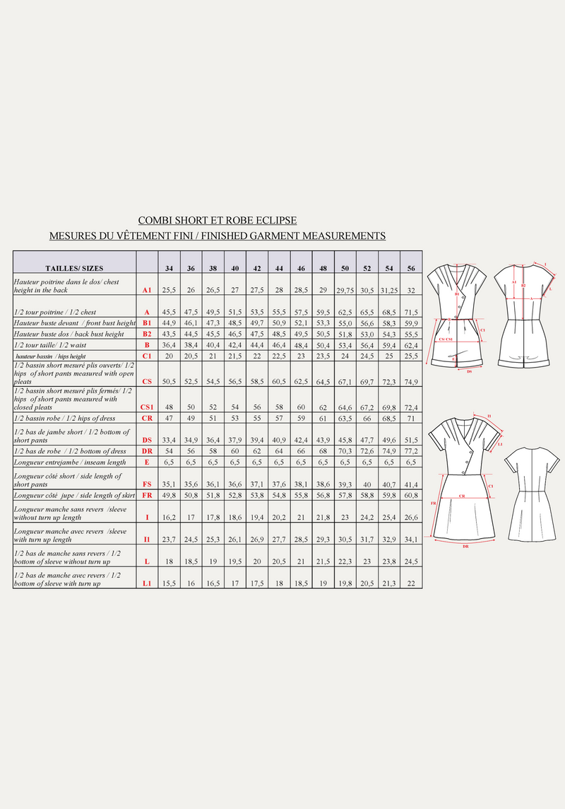 Patron couture combishort, robe Eclipse / PDF (A4, A3, A0, US Letter) - Cadres, Calques par Taille, Vidéoprojection