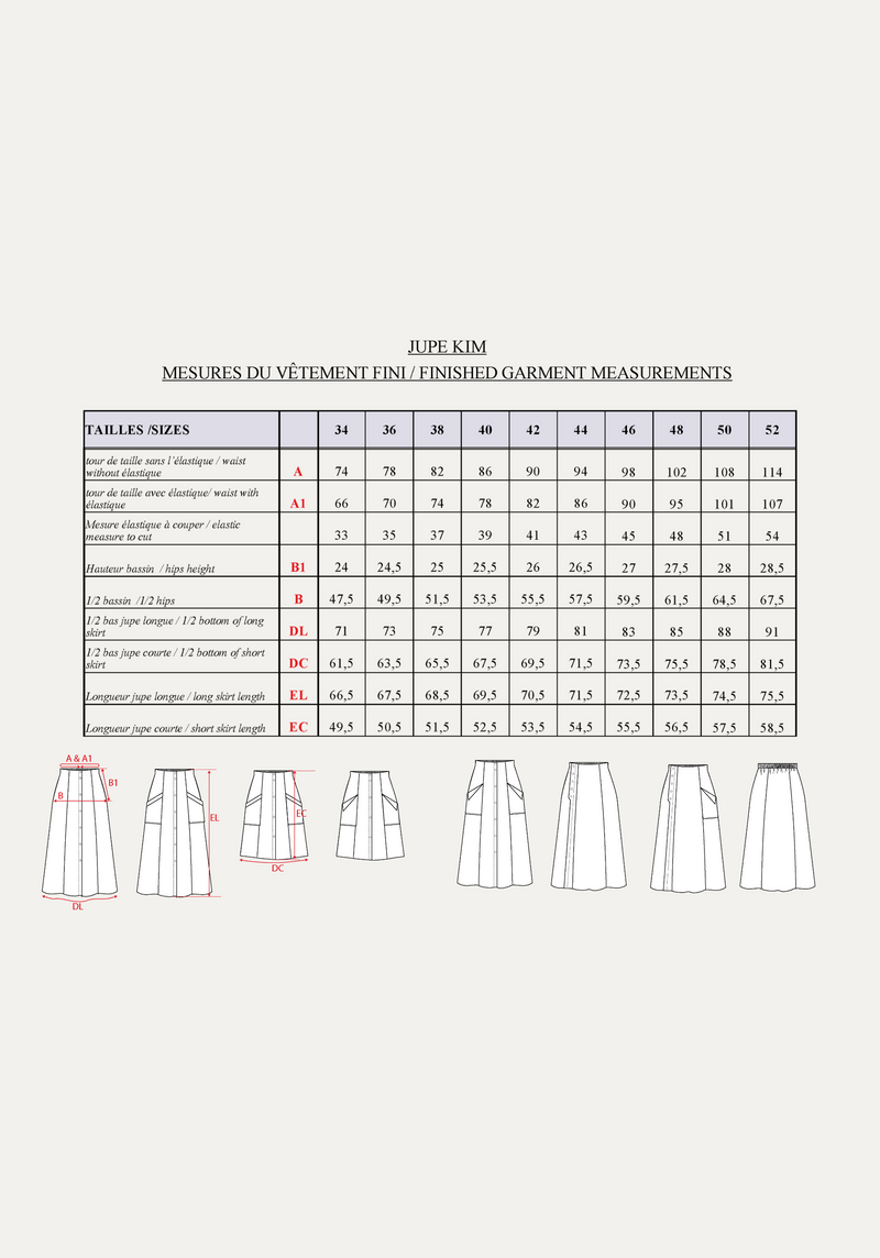 Patron couture jupe Kim / PDF (A4, A3, A0, US Letter) - Cadres, Calques par Taille, Vidéoprojection