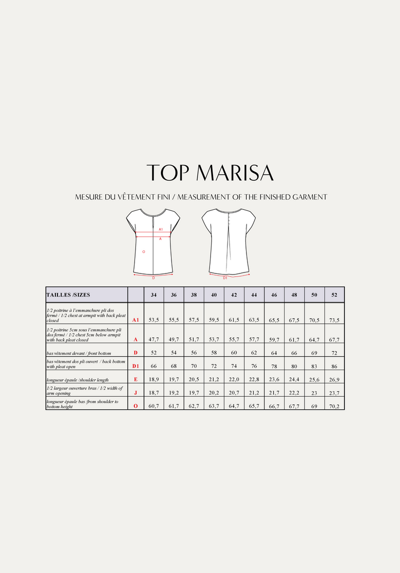 Patron couture top Marisa / PDF (A4, A3, A0, US Letter) - Cadres, Calques par Taille, Vidéoprojection