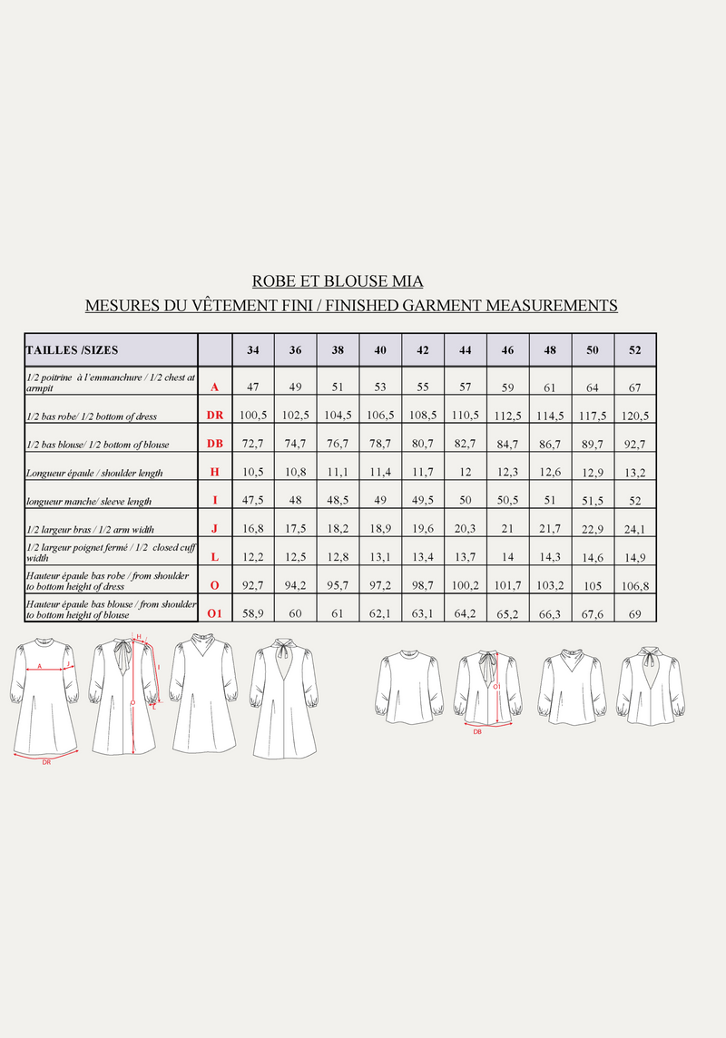 Patron couture robe, blouse Mia / PDF (A4, A3, A0, US Letter) - Cadres, Calques par Taille, Vidéoprojection