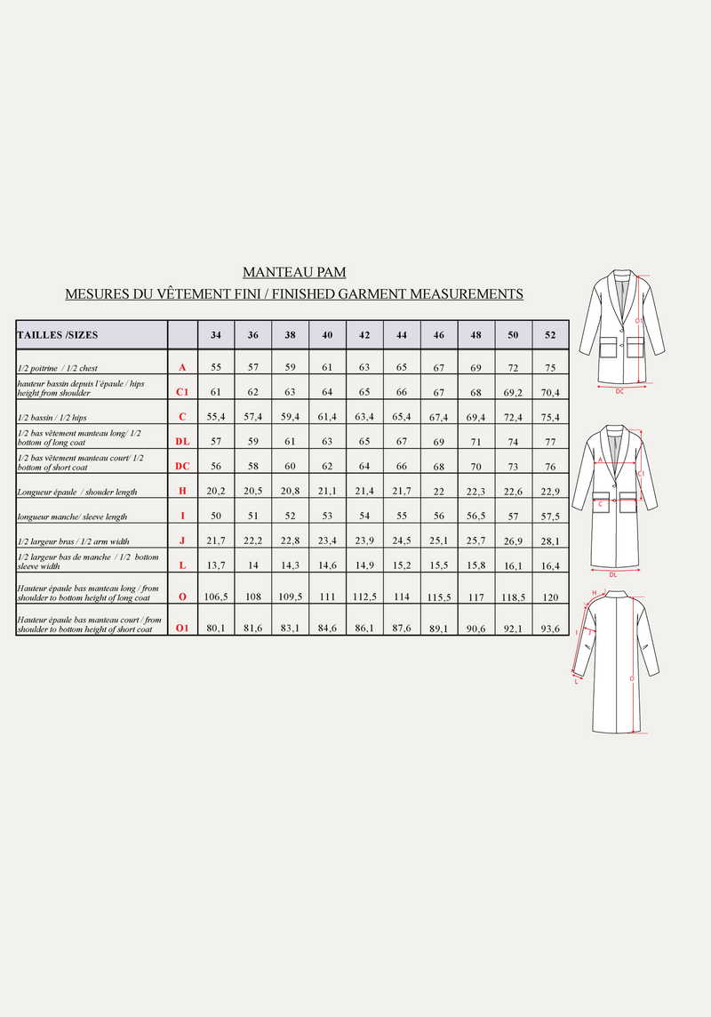 Patron couture manteau Pam / PDF (A4, A3, A0, US Letter) - Cadres, Calques par Taille, Vidéoprojection