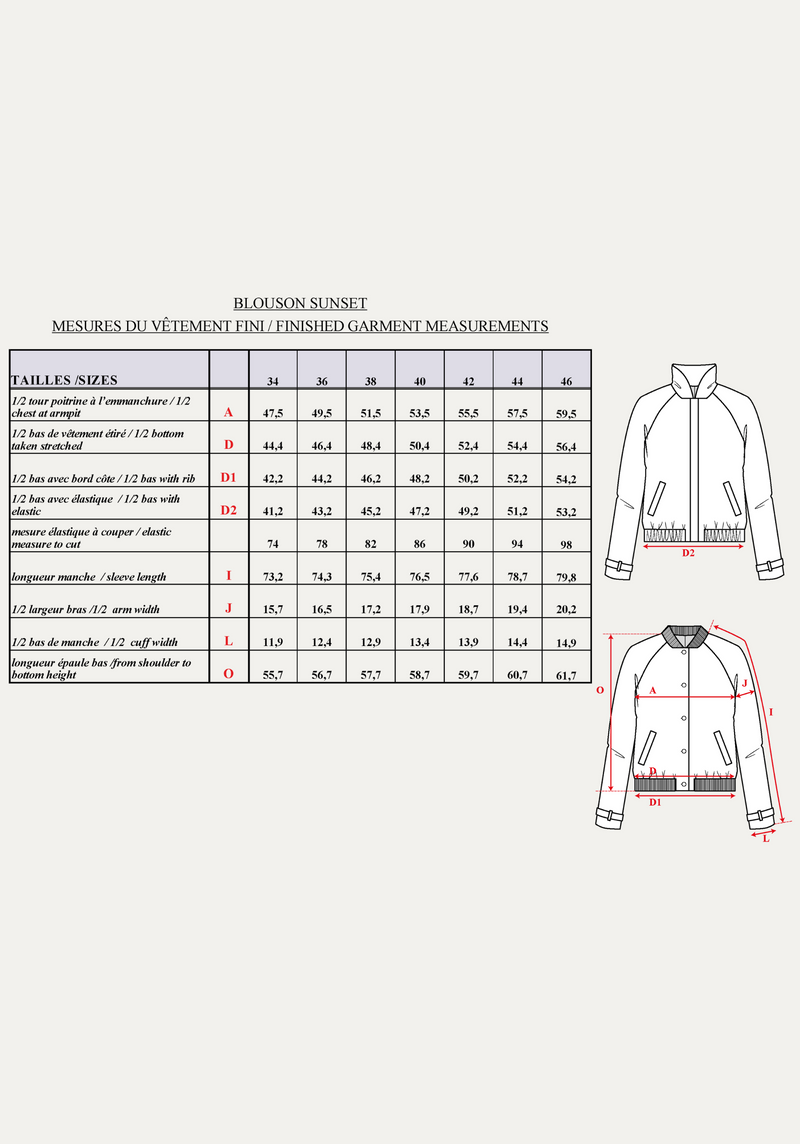 Patron couture blouson Sunset / PDF (A4, A3, A0, US Letter) - Cadres, Calques par Taille, Vidéoprojection