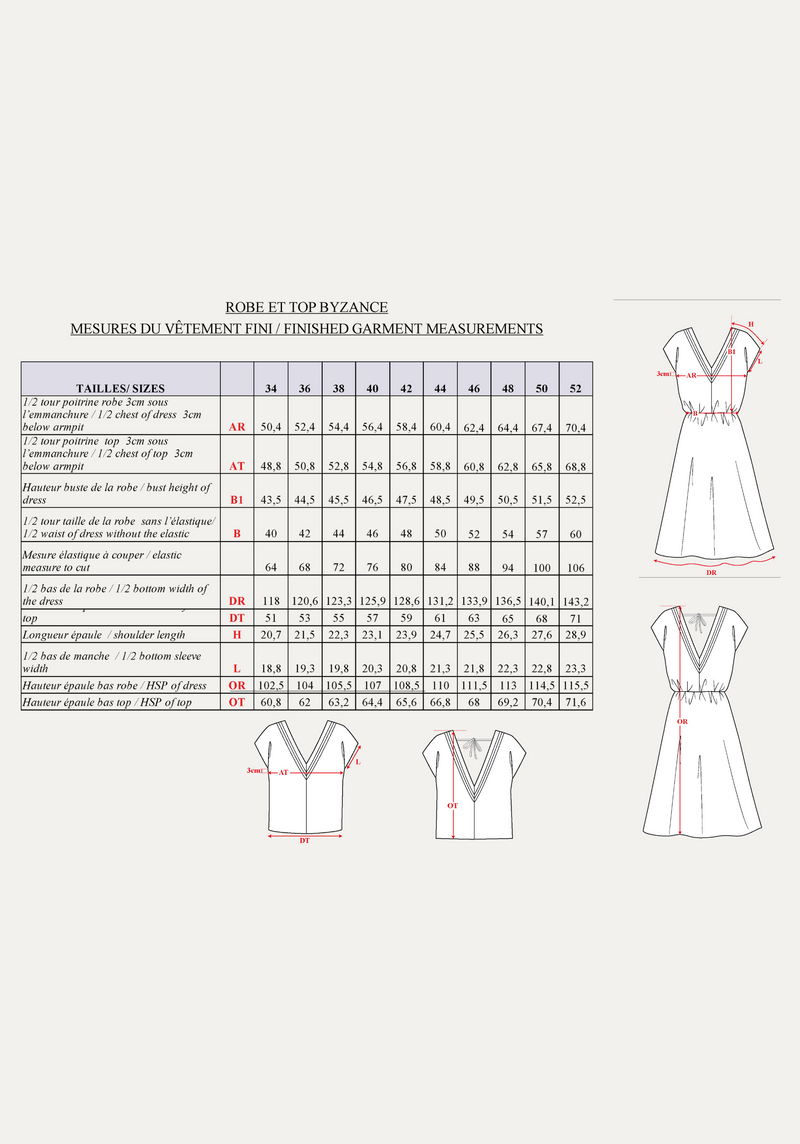 Patron couture robe, top Byzance / PDF (A4, A3, A0, US Letter) - Cadres, Calques par Taille, Vidéoprojection