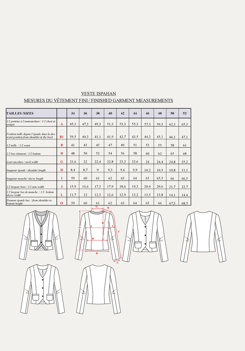 Patron couture veste Ispahan / PDF (A4, A3, A0, US Letter) - Cadres, Calques par Taille, Vidéoprojection