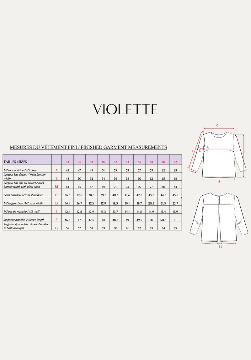 Patron couture blouse Violette / PDF (A4, A3, A0, US Letter) - Cadres, Calques par Taille, Vidéoprojection